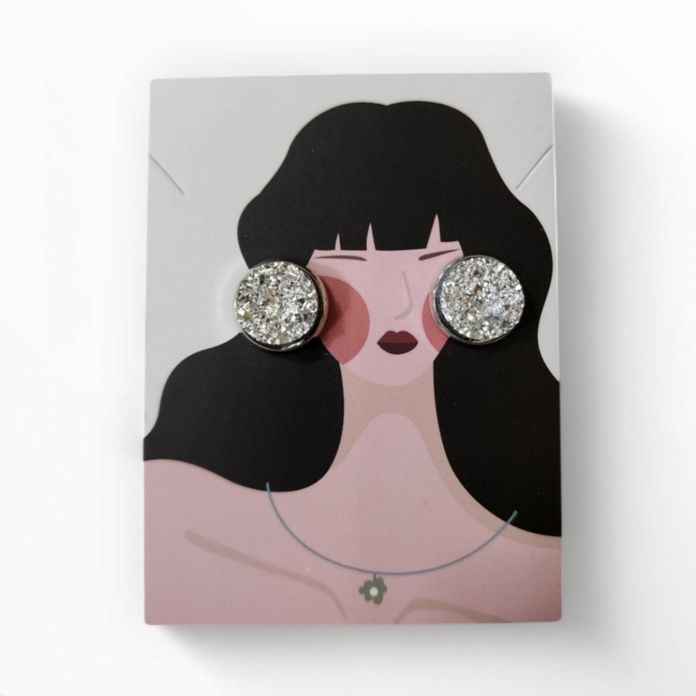 3/$25 Sparkly Silver Faux Druzy Stud Earrings Round Post